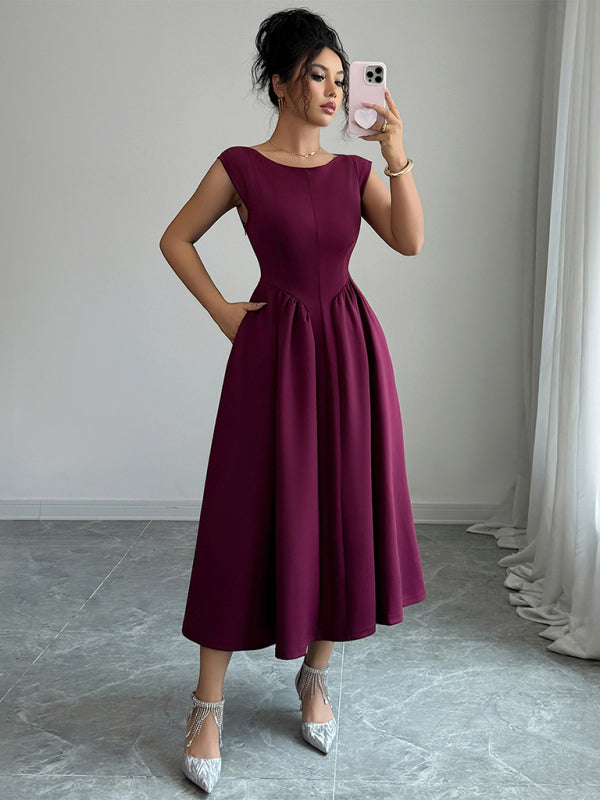 Elegant solid color waisted sleeveless maxi dress