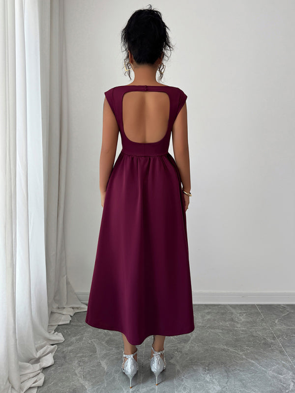 Elegant solid color waisted sleeveless maxi dress