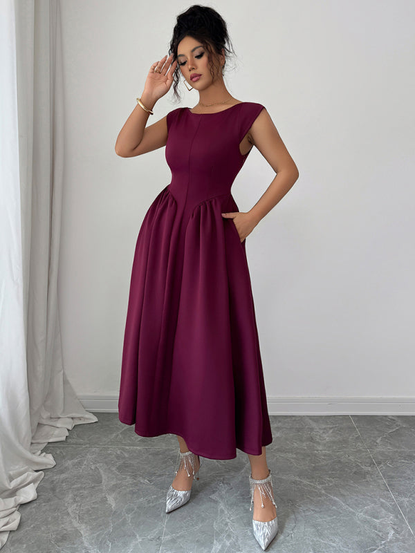 Elegant solid color waisted sleeveless maxi dress