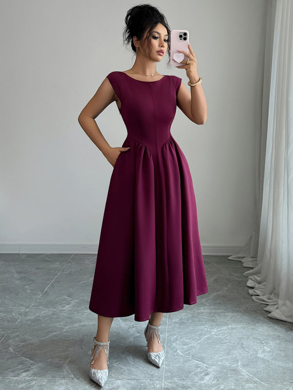 Elegant solid color waisted sleeveless maxi dress