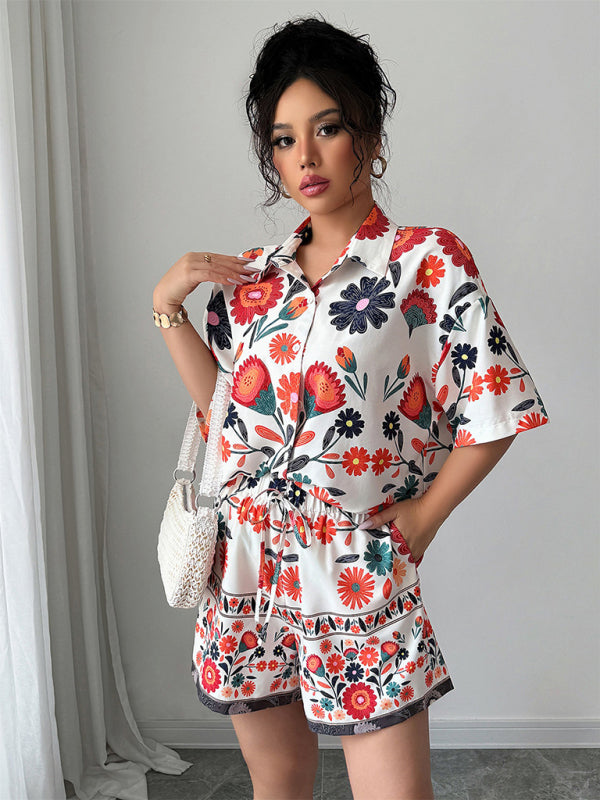 Simple holiday style short-sleeved printed shorts set