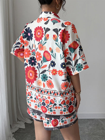 Simple holiday style short-sleeved printed shorts set