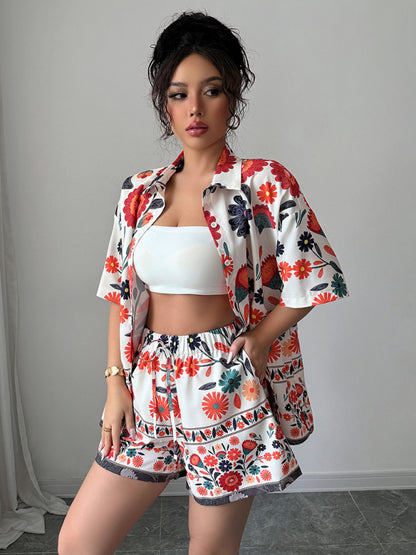 Simple holiday style short-sleeved printed shorts set