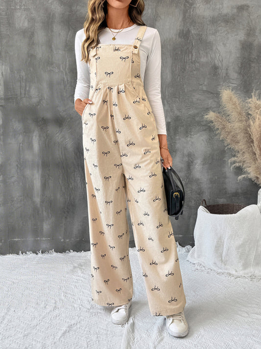 Sweet style jumpsuit with bow corduroy suspenders