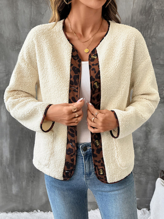 Casual leopard print contrasting edge cardigan thickened polar fleece round neck jacket