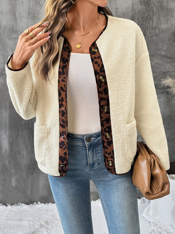 Casual leopard print contrasting edge cardigan thickened polar fleece round neck jacket