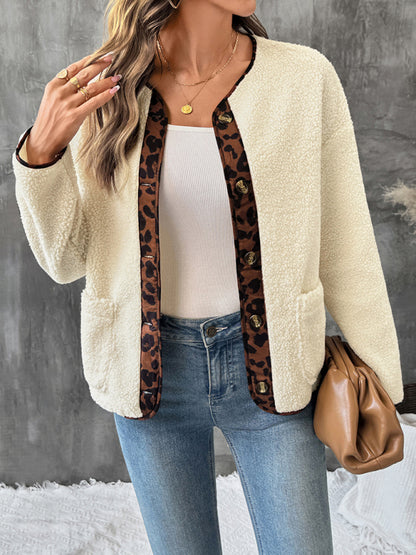 Casual leopard print contrasting edge cardigan thickened polar fleece round neck jacket
