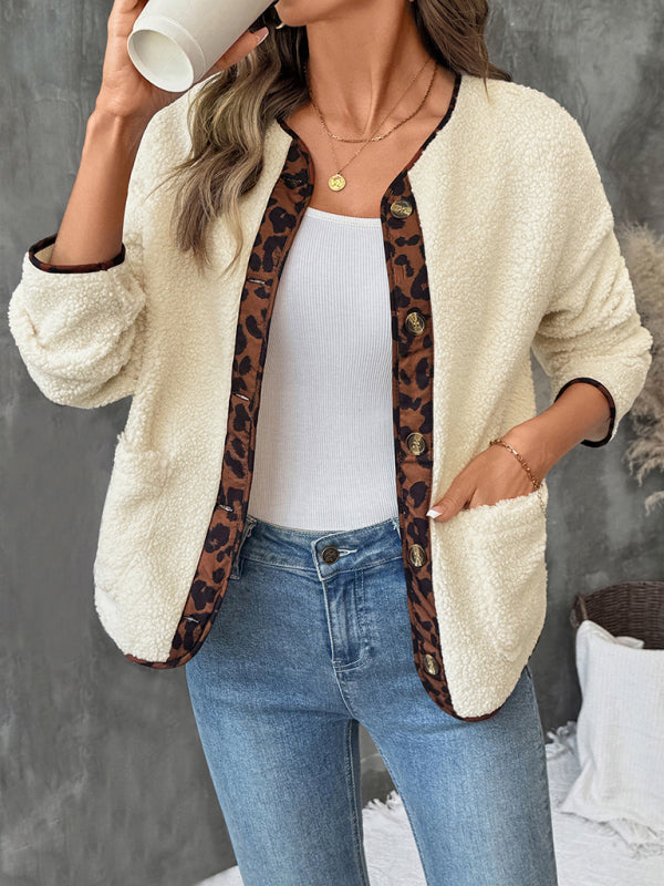 Casual leopard print contrasting edge cardigan thickened polar fleece round neck jacket