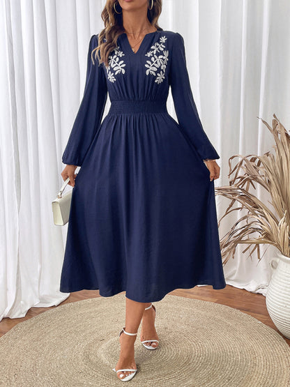 New holiday ethnic style waist v-neck blue embroidered dress