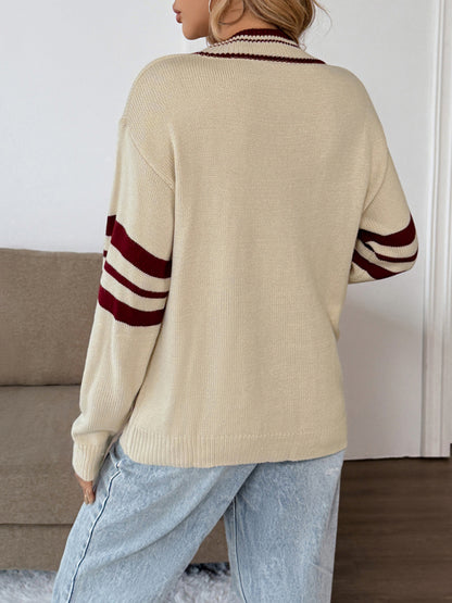 Preppy loose long-sleeved striped V-neck sweater