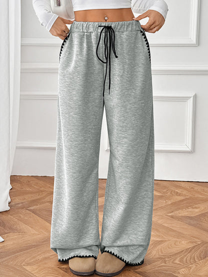 Belted casual straight-leg pants with contrasting trim and elastic waist