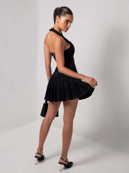 New Adjustable Gold Buckle Halter Neck Braided Pleated Dress