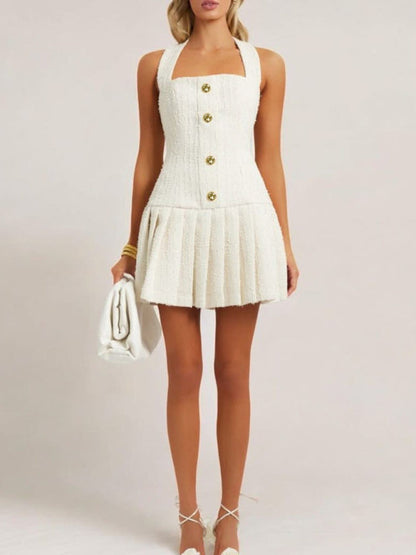 New Adjustable Gold Buckle Halter Neck Braided Pleated Dress