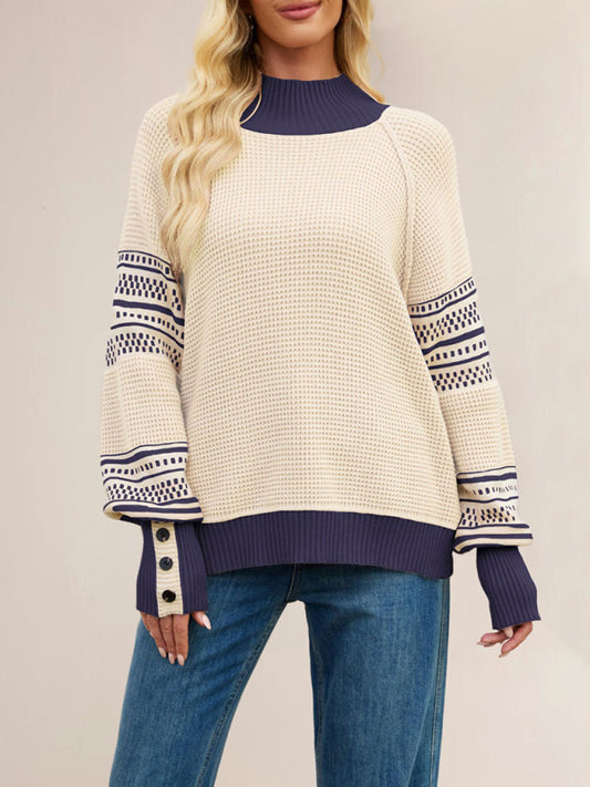 Knitted colorblock half turtleneck fashionable pullover sweater