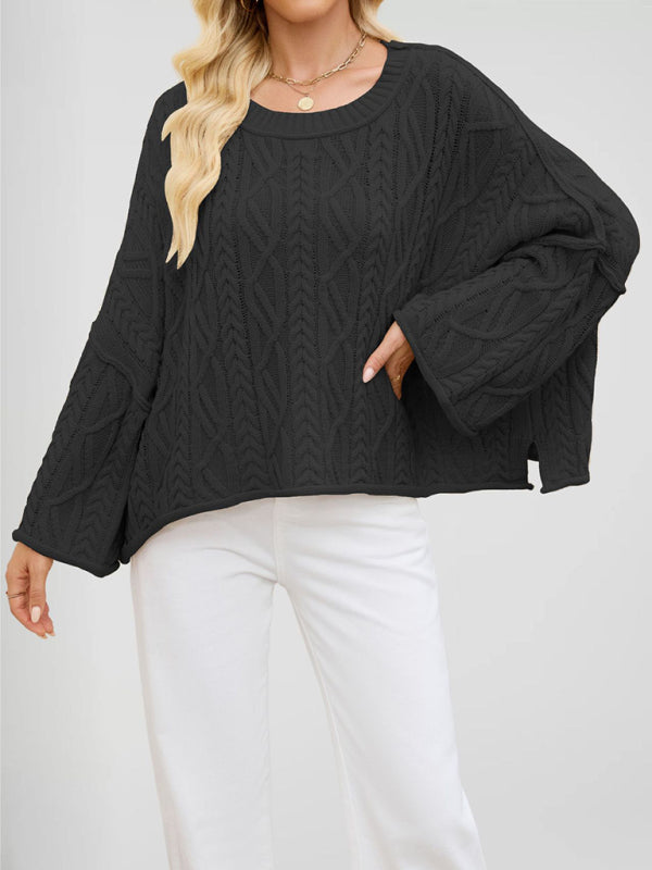 Round neck short cable knit loose solid color sweater