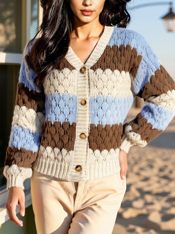 Women's contrast color V-neck long-sleeved loose V-neck knitted cardigan sweater