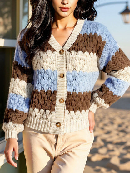 Women's contrast color V-neck long-sleeved loose V-neck knitted cardigan sweater