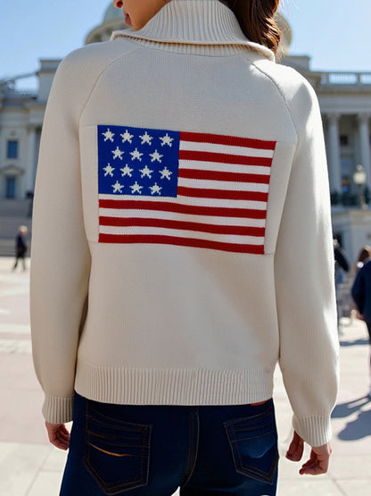 Flag Print Cardigan Casual Loose Long Sleeve V-Neck Sweater