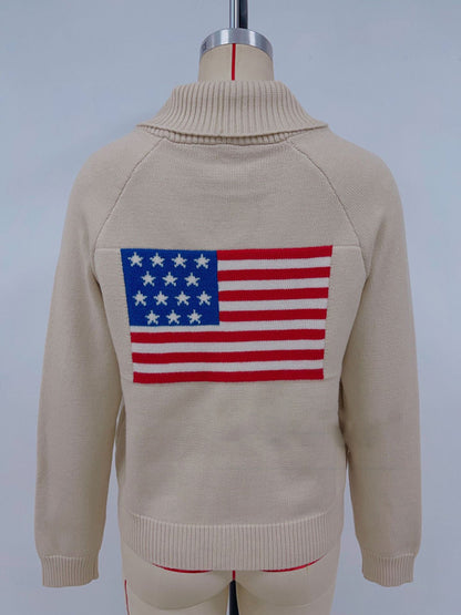 Flag Print Cardigan Casual Loose Long Sleeve V-Neck Sweater