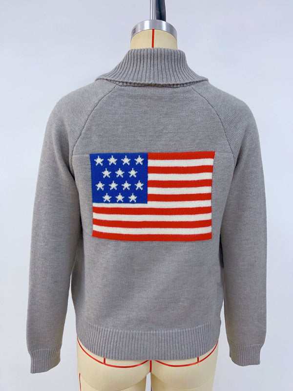 Flag Print Cardigan Casual Loose Long Sleeve V-Neck Sweater