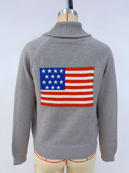 Flag Print Cardigan Casual Loose Long Sleeve V-Neck Sweater