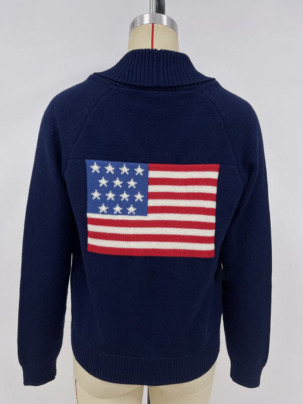 Flag Print Cardigan Casual Loose Long Sleeve V-Neck Sweater