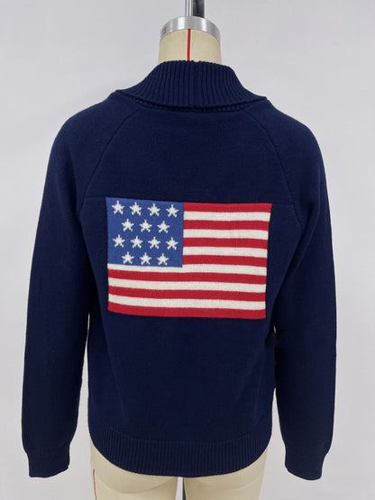 Flag Print Cardigan Casual Loose Long Sleeve V-Neck Sweater