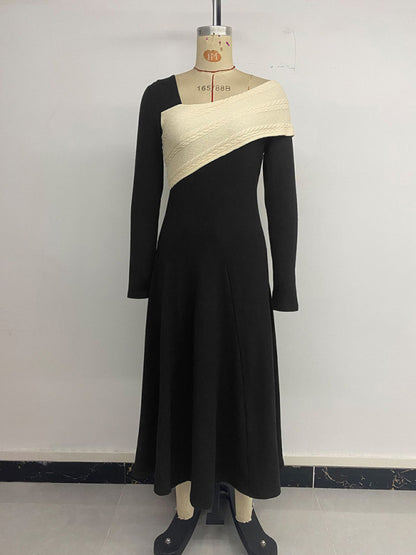 Elegant midi skirt irregular color block long sleeve dress