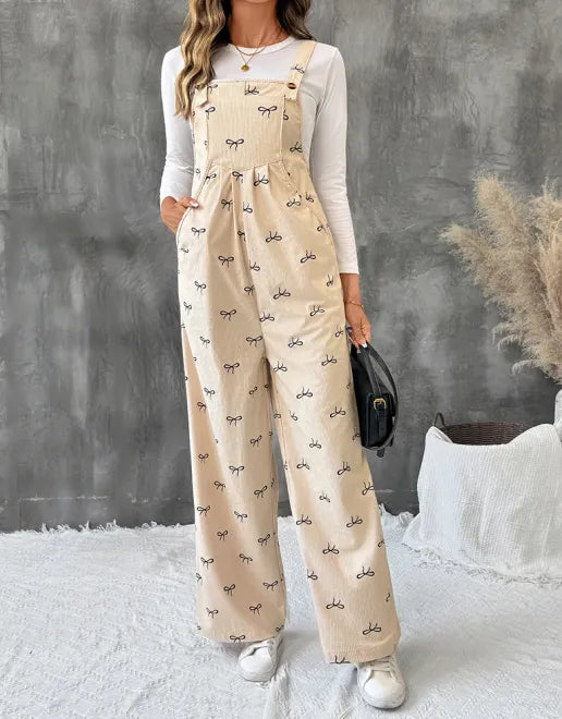 Sweet style jumpsuit with bow corduroy suspenders