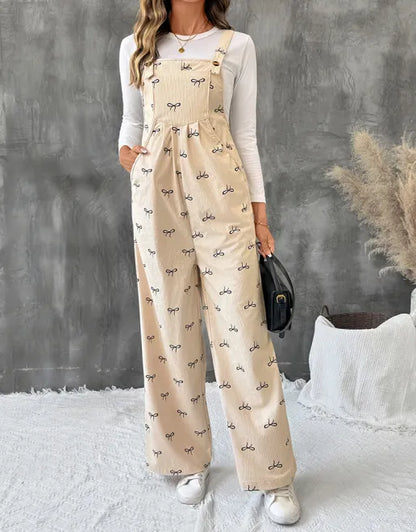 Sweet style jumpsuit with bow corduroy suspenders