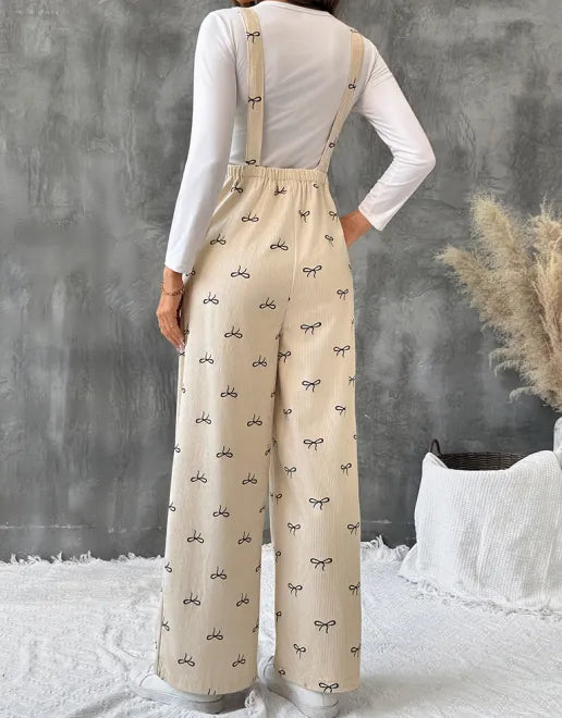 Sweet style jumpsuit with bow corduroy suspenders