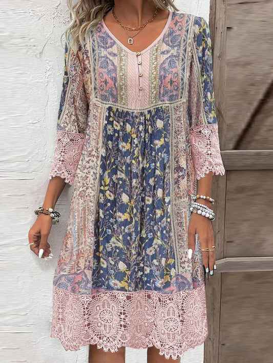 Front view of full size printed lace dress
