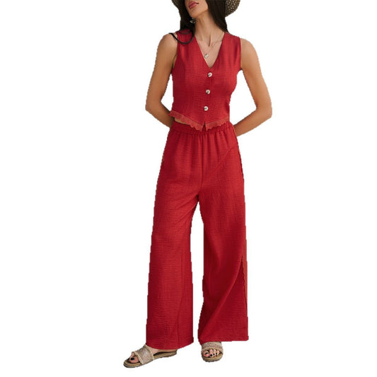 Front view of leisure vacation cardigan and wide-leg pants
