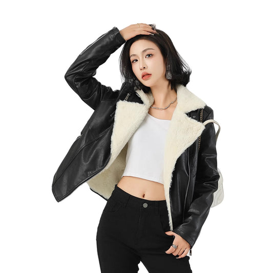 Women’s black faux fur lined leather moto jacket by Mazify