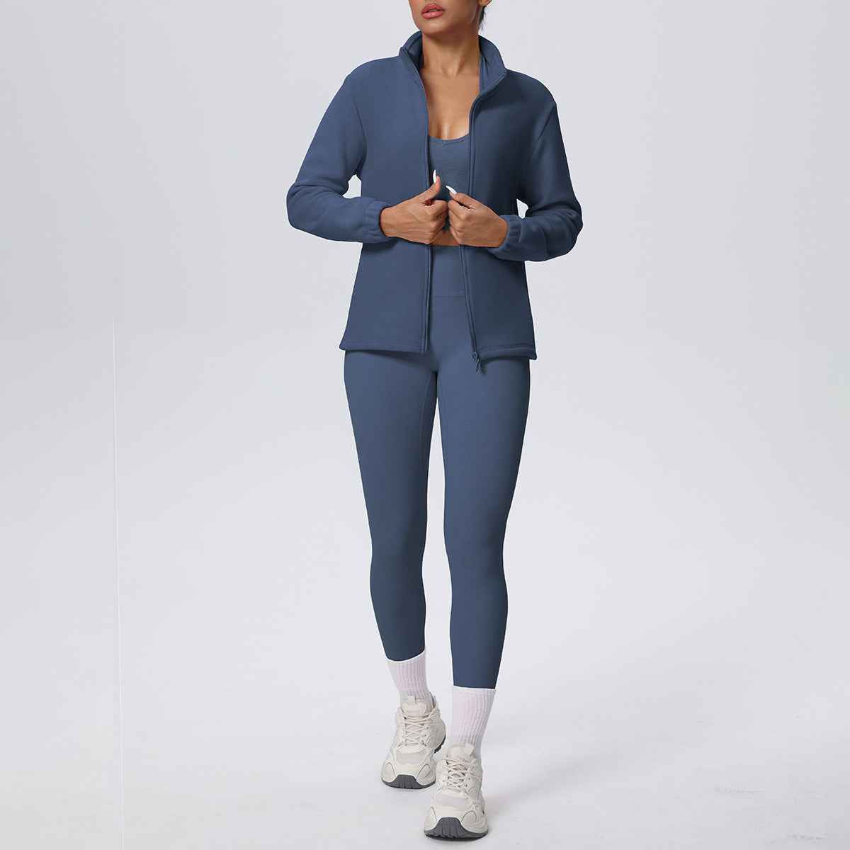 Women's badge blue fleece lined zip-up jacket and leggings yoga set by Mazify