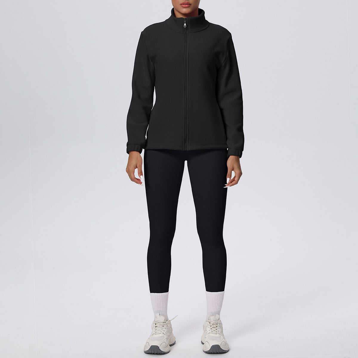 Women's black fleece lined zip-up jacket and leggings yoga set by Mazify