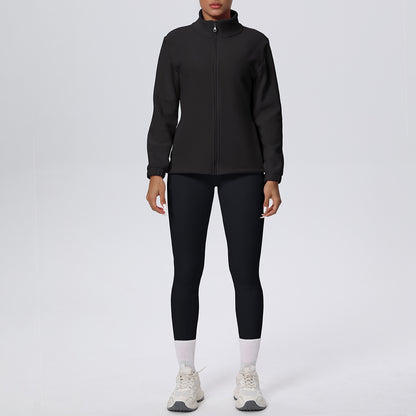 Women's black fleece lined zip-up jacket and leggings yoga set by Mazify