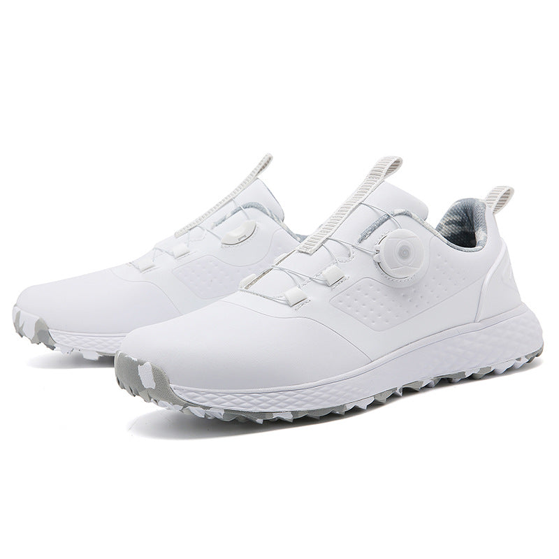 White and gray unisex golf shoes with rotating spikes by Mazify