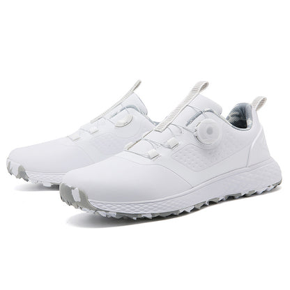 White and gray unisex golf shoes with rotating spikes by Mazify