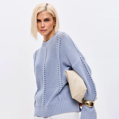 Women’s blue-gray oversized hollow out knit pullover sweater by Mazify