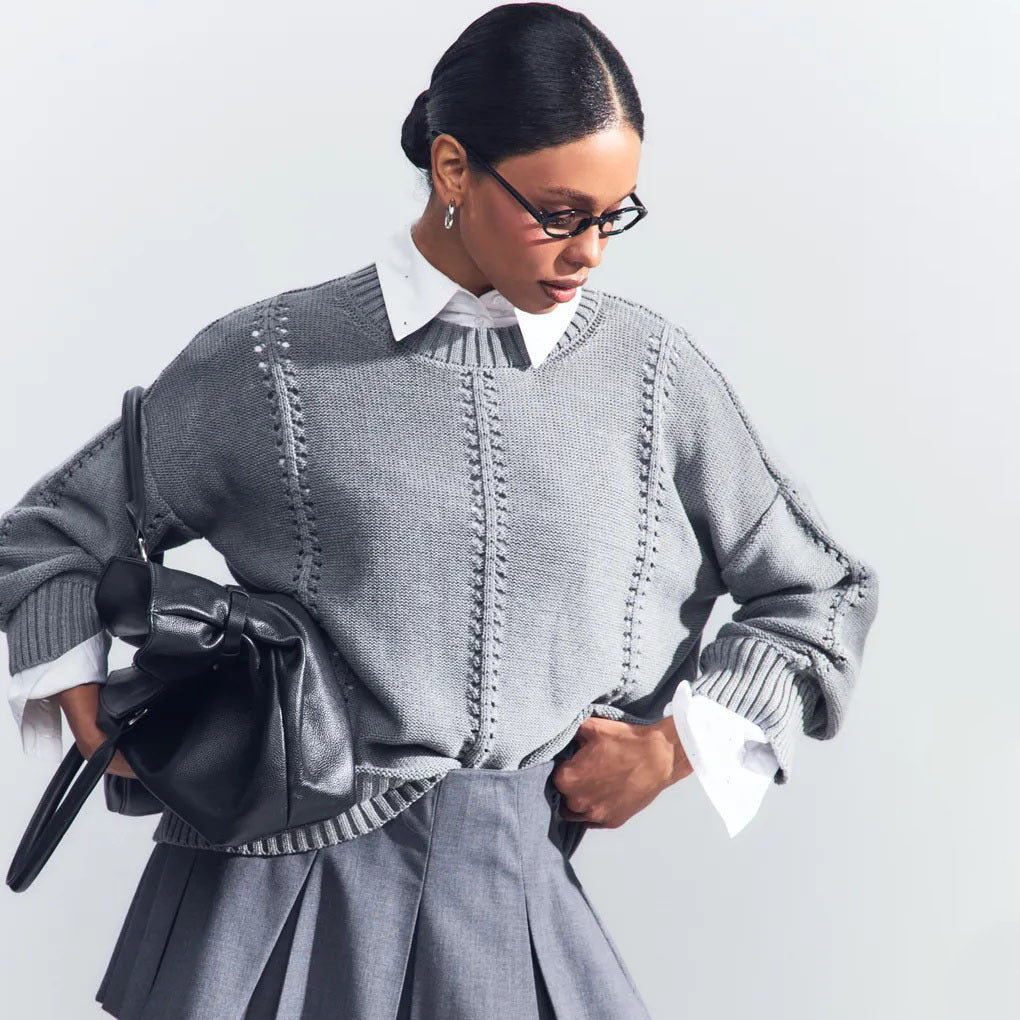 Women’s gray oversized hollow out knit pullover sweater by Mazify