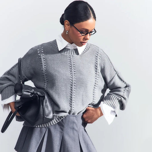 Women’s gray oversized hollow out knit pullover sweater by Mazify