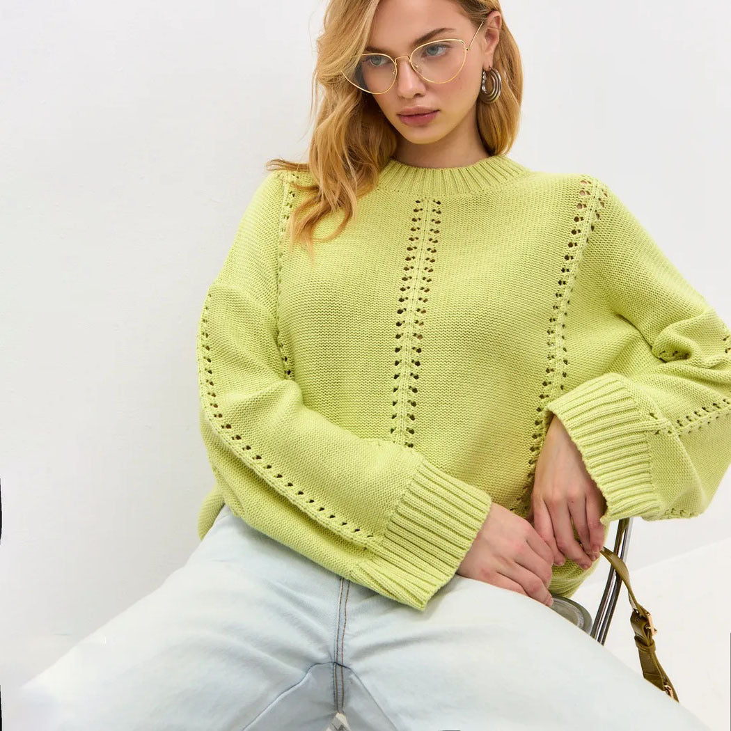 Women’s yellow-green oversized hollow out knit pullover sweater by Mazify