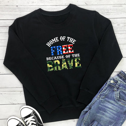 Black "Home of the Free Because of the Brave" graphic print crew neck sweatshirt by Mazify