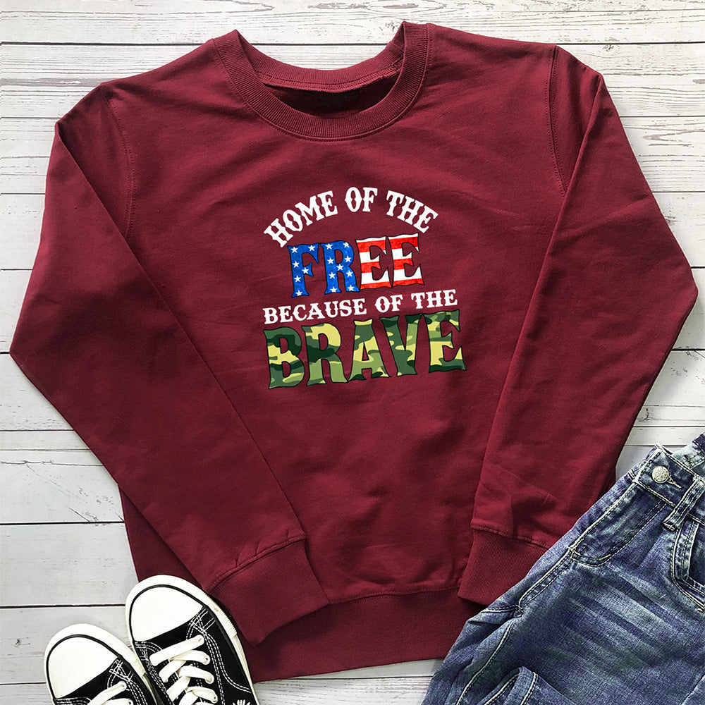 Burgundy "Home of the Free Because of the Brave" graphic print crew neck sweatshirt by Mazify