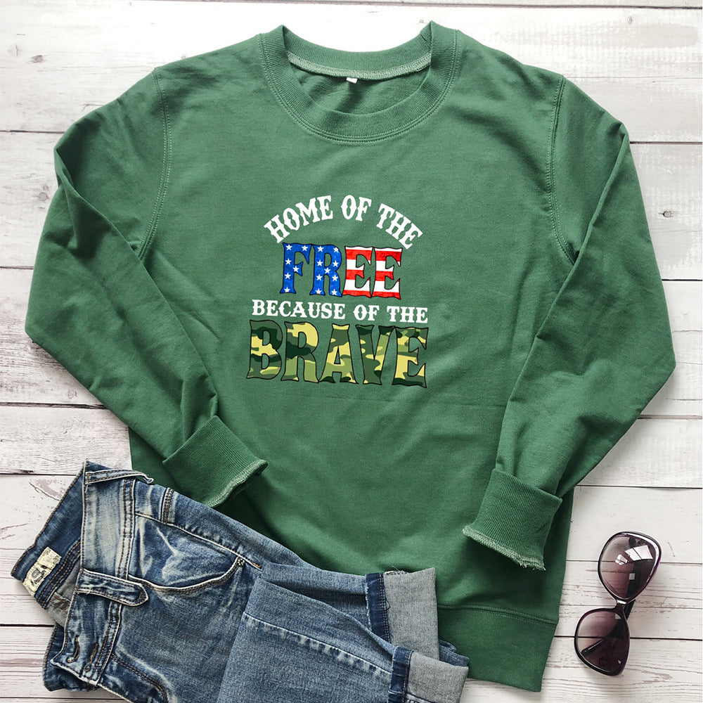 Green "Home of the Free Because of the Brave" graphic print crew neck sweatshirt by Mazify