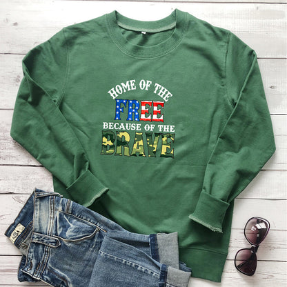 Green "Home of the Free Because of the Brave" graphic print crew neck sweatshirt by Mazify