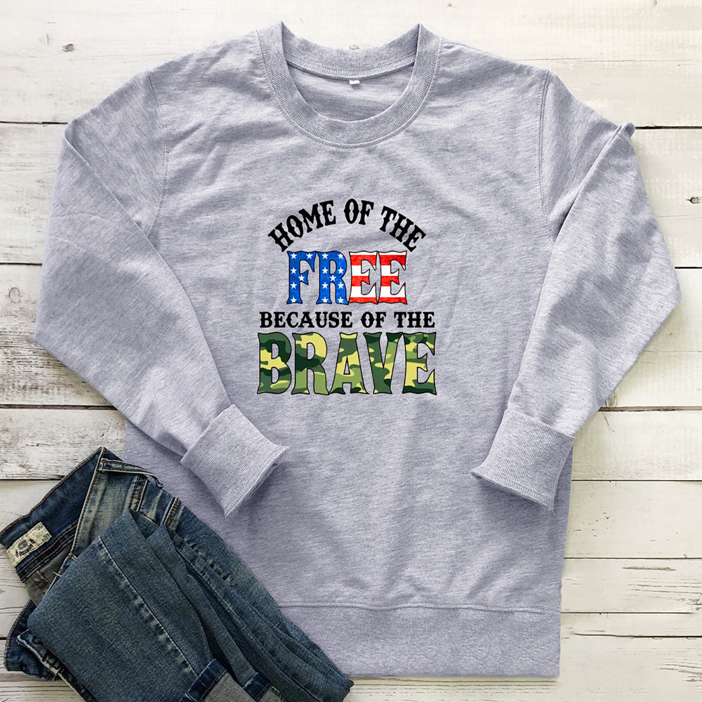Grey "Home of the Free Because of the Brave" graphic print crew neck sweatshirt by Mazify