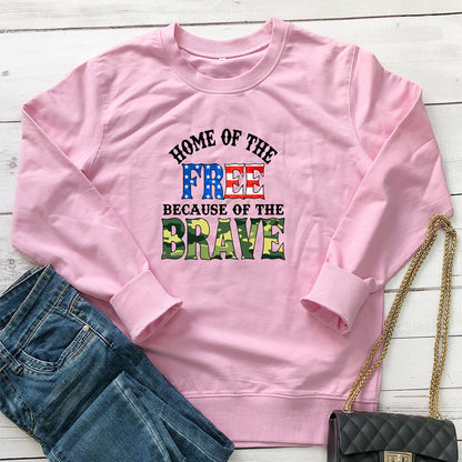 Pink "Home of the Free Because of the Brave" graphic print crew neck sweatshirt by Mazify