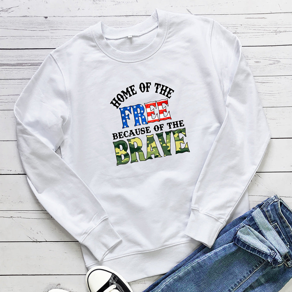 White "Home of the Free Because of the Brave" graphic print crew neck sweatshirt by Mazify